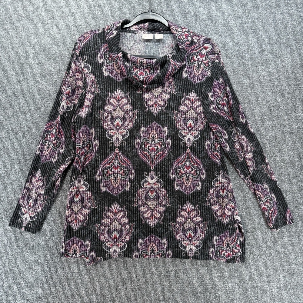 Zenergy Chicos Sweater Womens 8P 10P Purple Print Cowl Neck Boho Peasant Casual